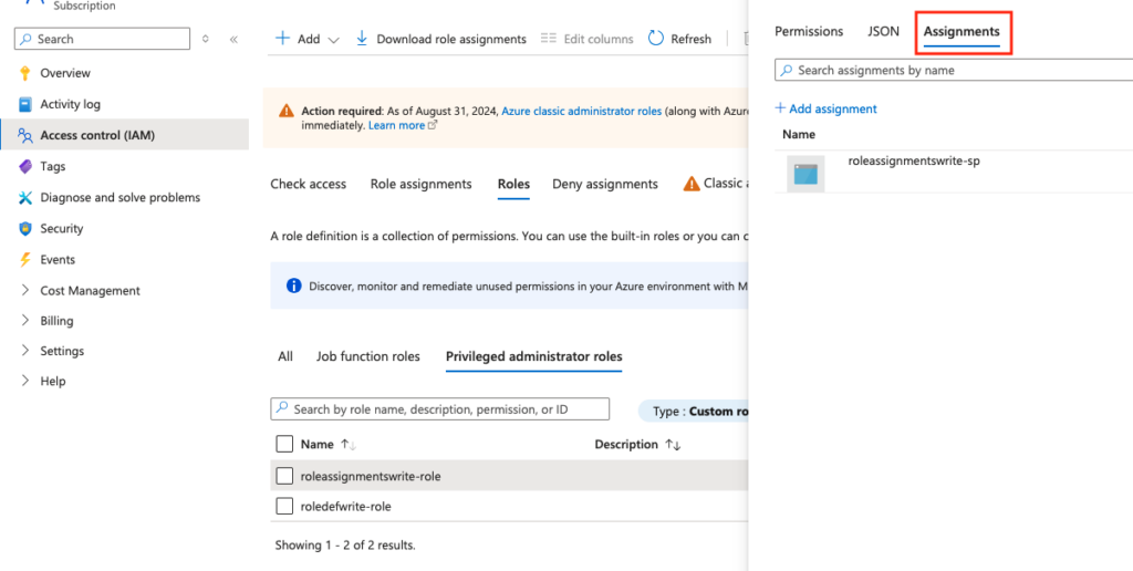 The Azure Portal user interface also allows administrators to manage all assignments of privileged administrator roles.